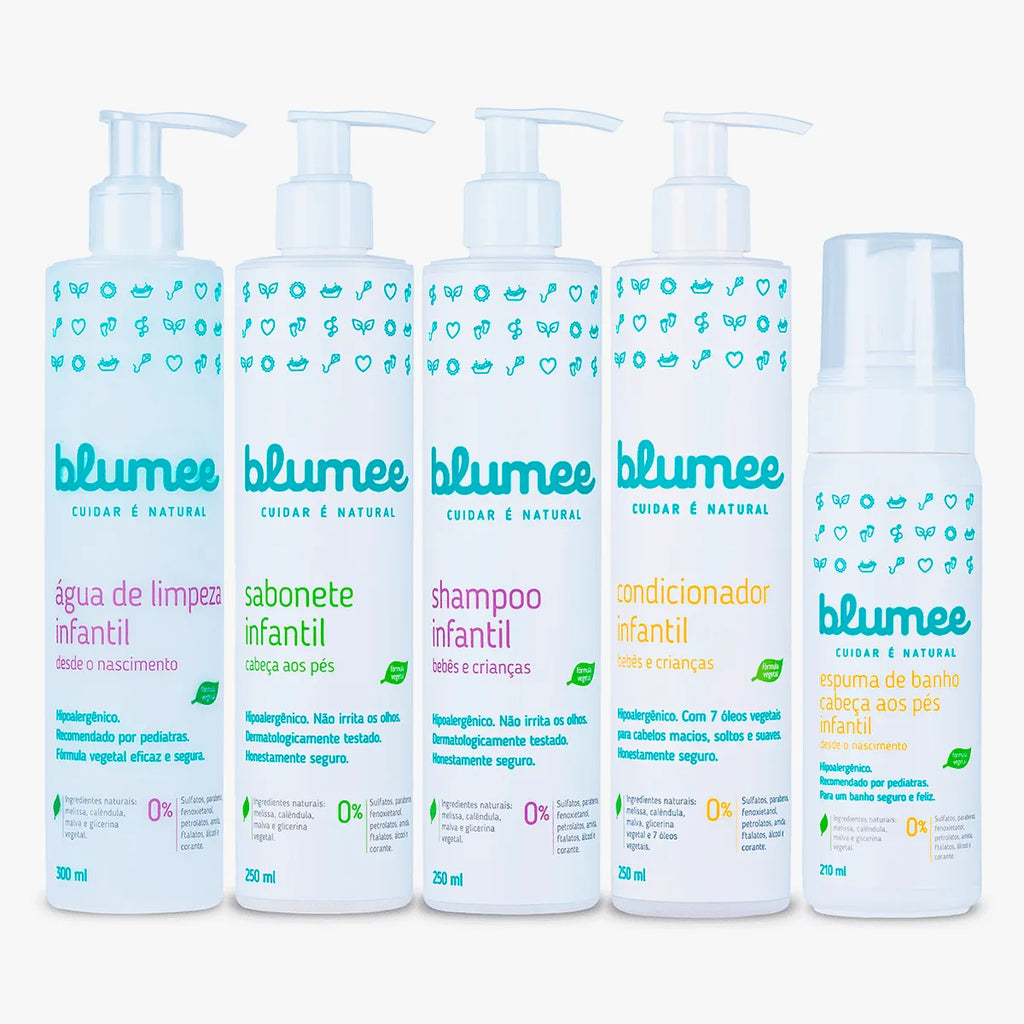 Kit Blumee completo: água de limpeza, sabonete, shampoo, condicionador e espuma de banho
