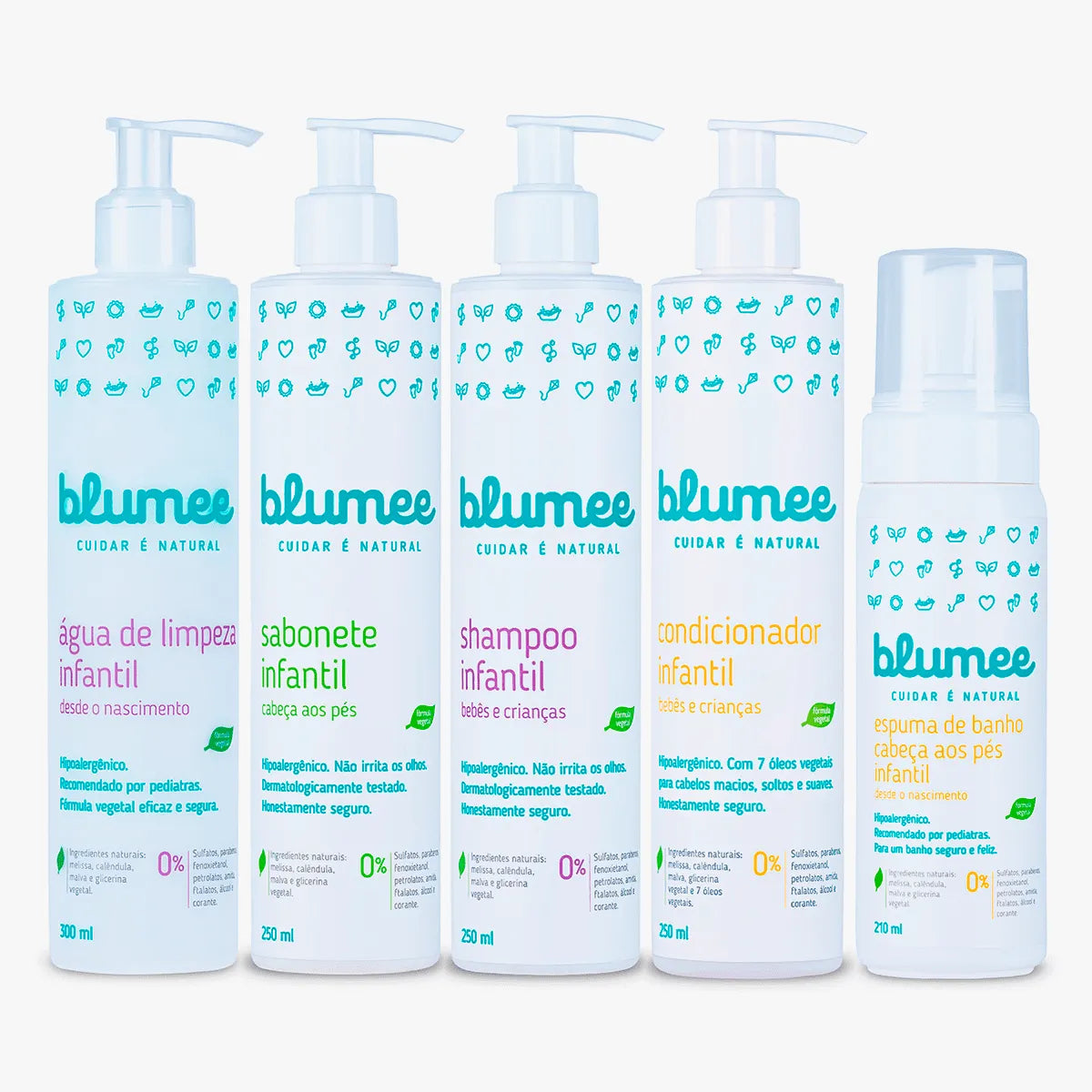 Kit Blumee completo: água de limpeza, sabonete, shampoo, condicionador e espuma de banho