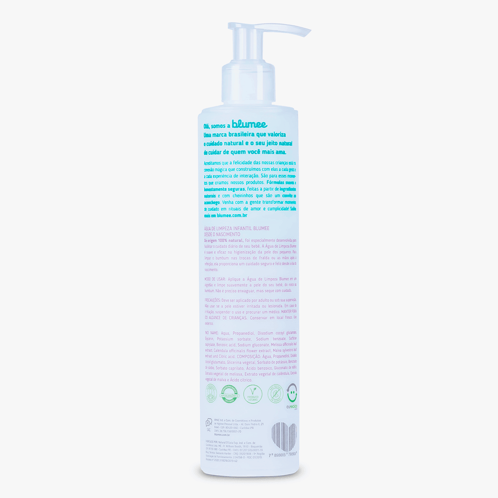 Água de Limpeza Blumee 300ml, detalhe da embalagem com ícones veganos e hipoalergênicos