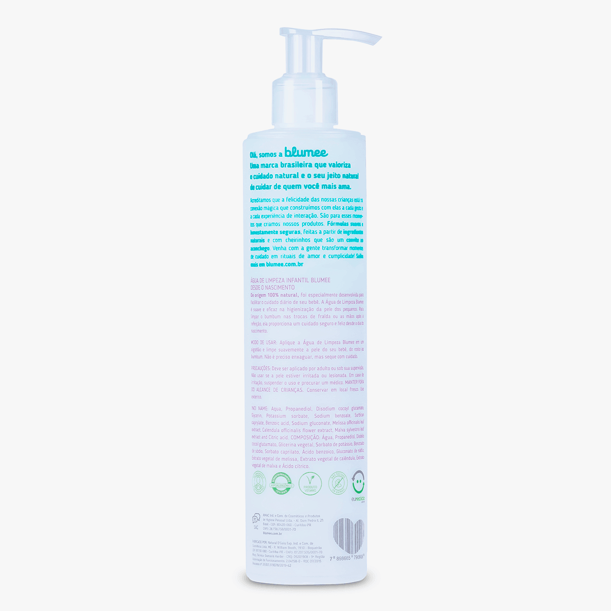 Água de Limpeza Blumee 300ml, detalhe da embalagem com ícones veganos e hipoalergênicos
