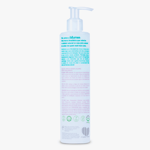 Água de Limpeza Blumee 300ml, detalhe da embalagem com ícones veganos e hipoalergênicos