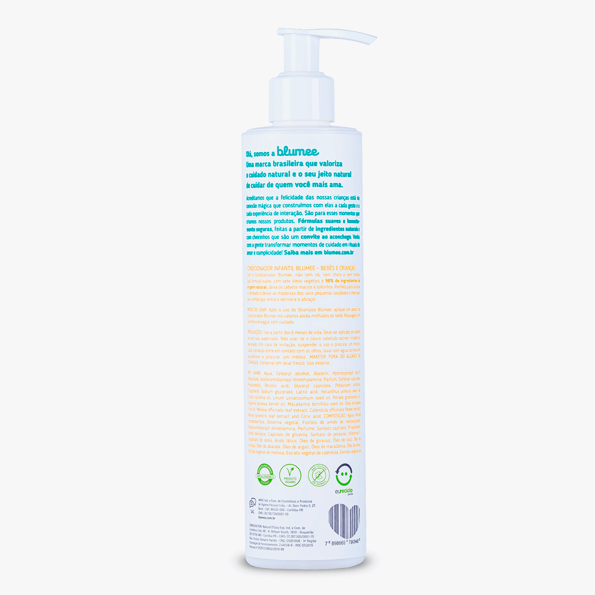 Condicionador Infantil Blumee 250ml, detalhe da embalagem com ícones naturais