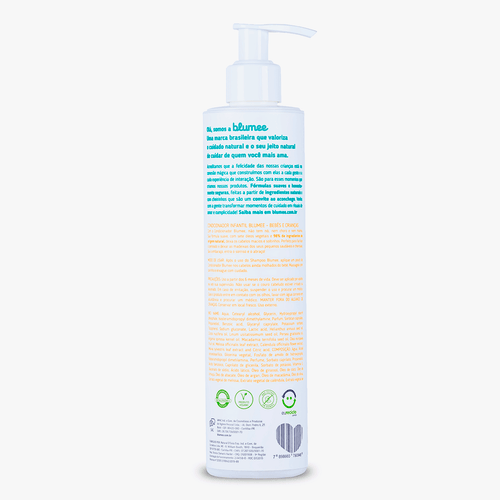 Condicionador Infantil Blumee 250ml, detalhe da embalagem com ícones naturais