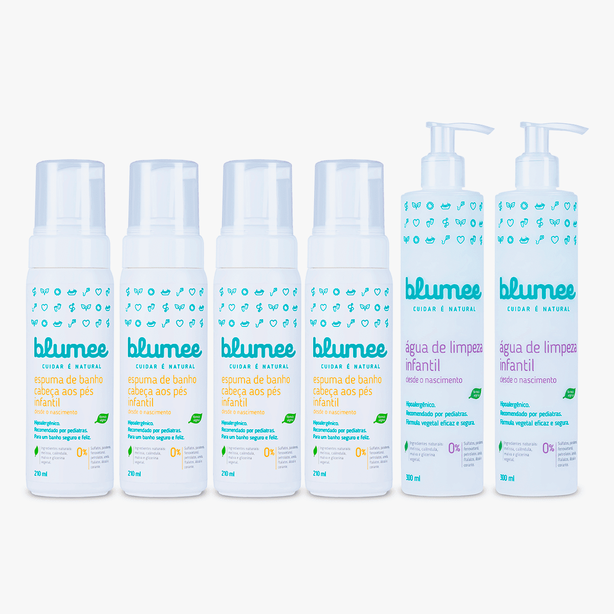 Kit Coração de Mãe Blumee: espumas de banho e águas de limpeza Natural & Vegano