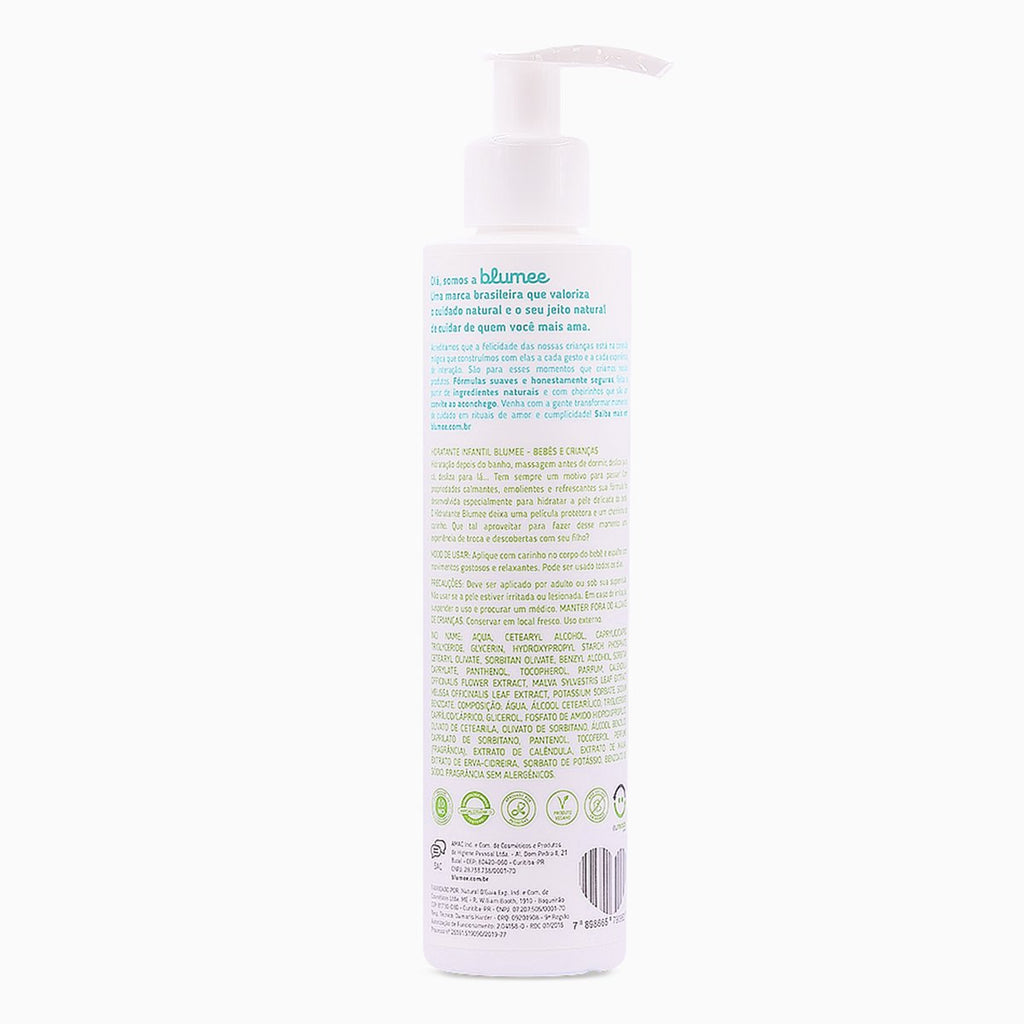 Hidratante Infantil Blumee 150ml, detalhe da embalagem com ícones naturais