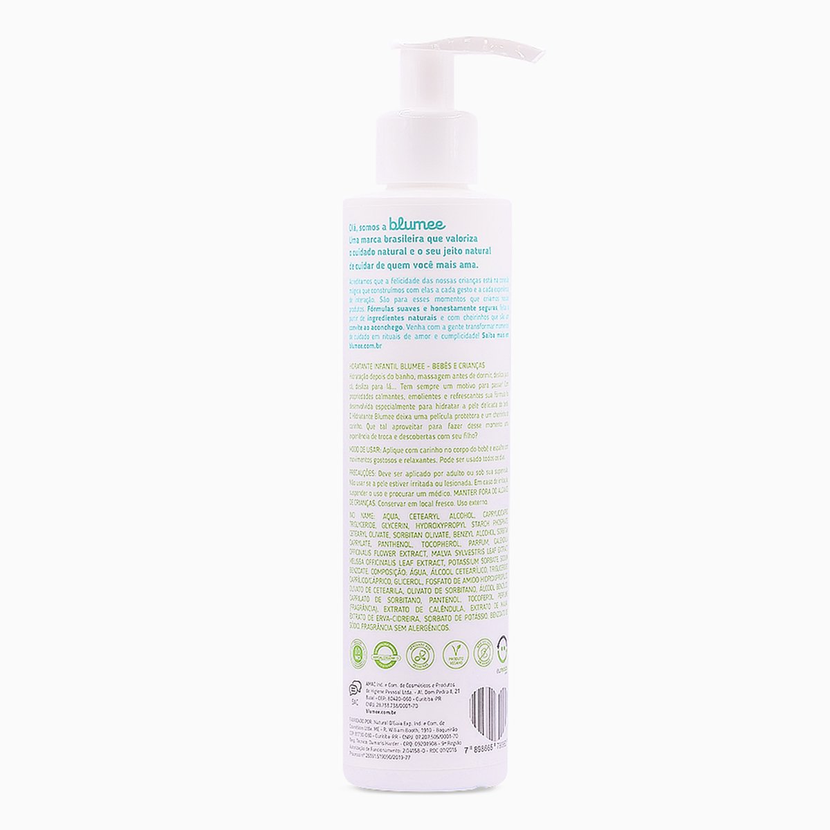 Hidratante Infantil Blumee 150ml, detalhe da embalagem com ícones naturais