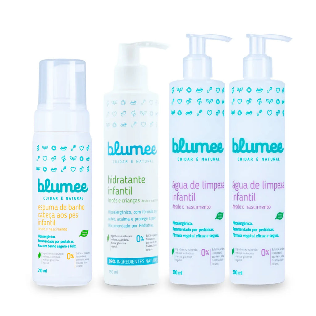 Kit Cheirinho de Amor Blumee: espuma de banho, hidratante e água de limpeza