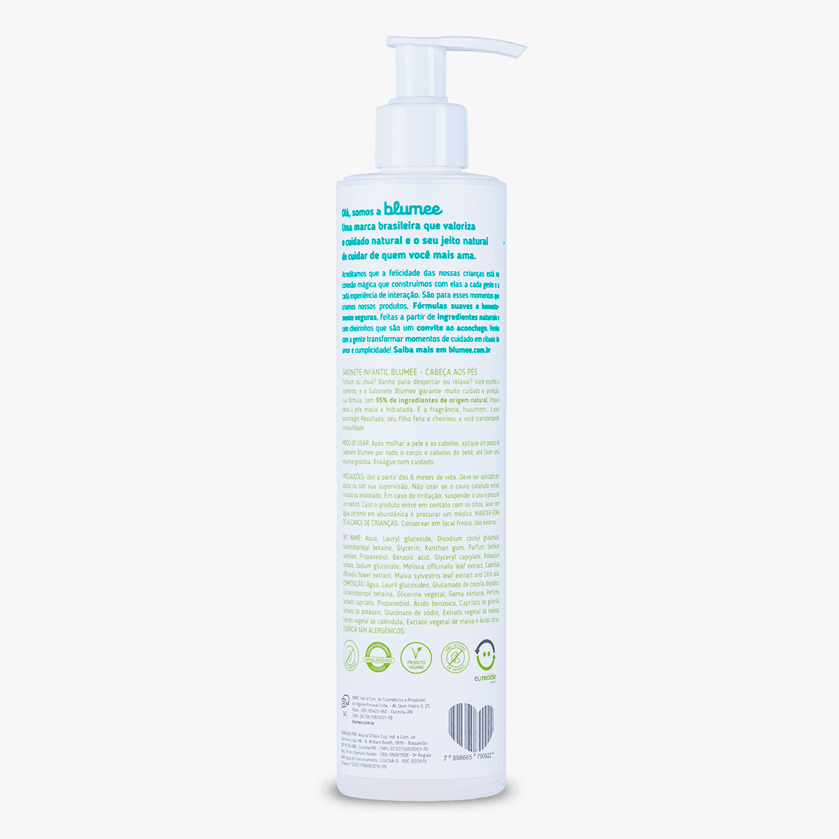 Sabonete Líquido Infantil Blumee 250ml, detalhe da embalagem com ícones naturais