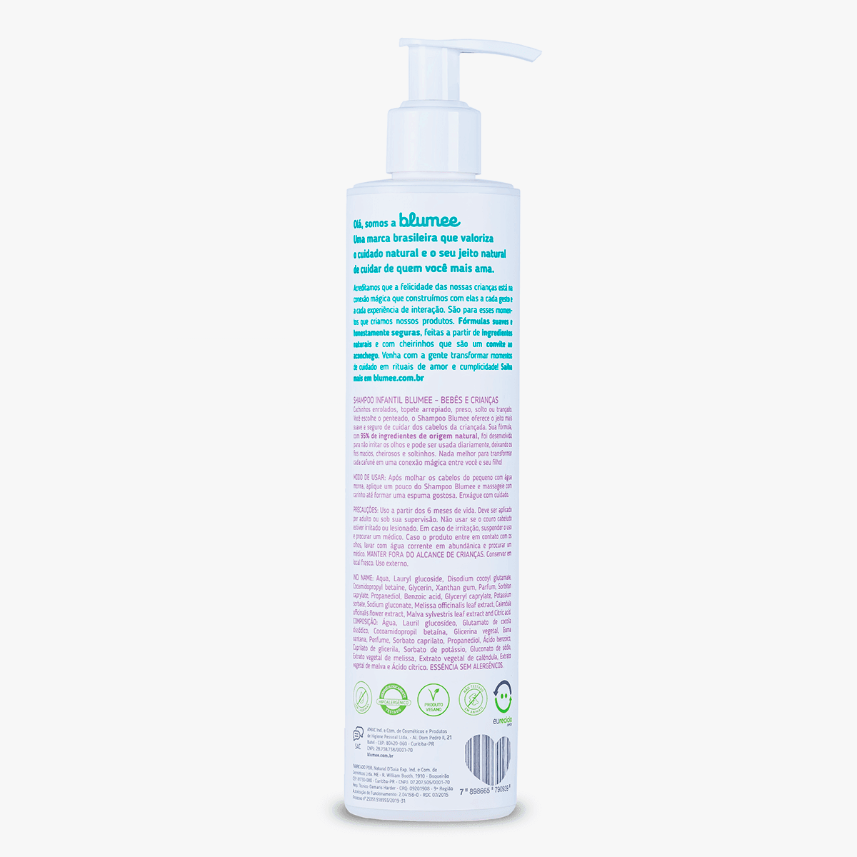 Shampoo Infantil Blumee 250ml, detalhe da embalagem com ícones naturais