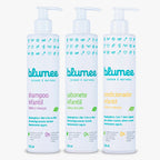 Kit Trio Blumee: shampoo, sabonete e condicionador infantil lado a lado