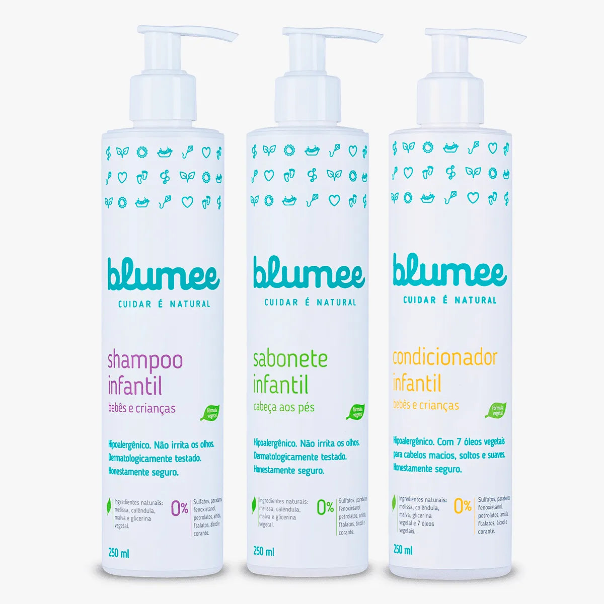 Kit Trio Blumee: shampoo, sabonete e condicionador infantil lado a lado